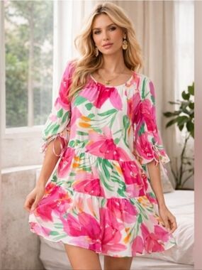 Bright Pink Floral Tiered Dress